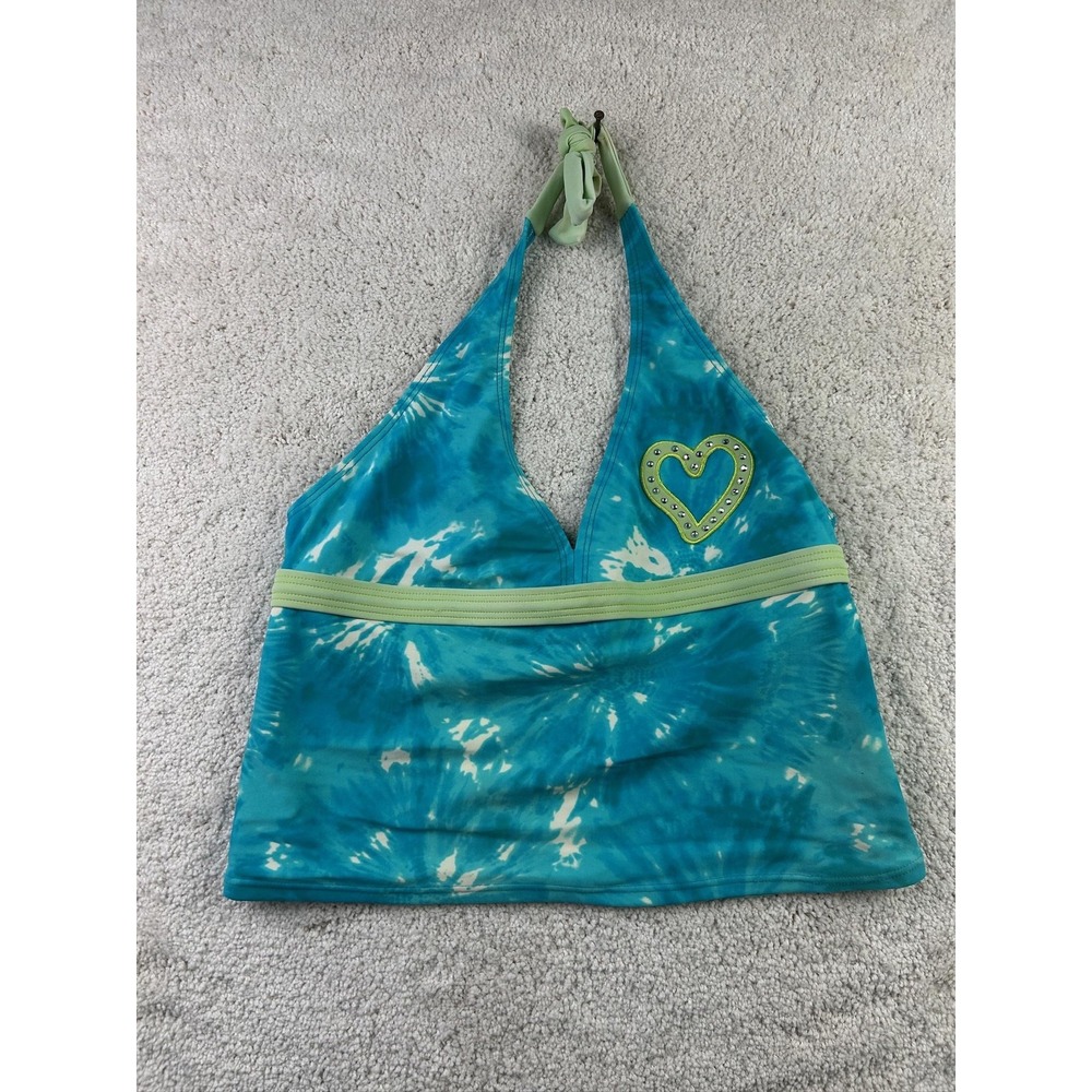 Xhilaration Tankini Swim‎ Top Womens XL Blue Green Tie Dye Halter Heart Swimwear
